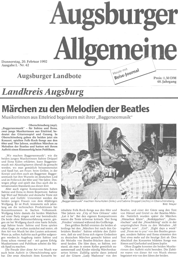 Wir machen Baggerseemusik - Das Forum fr akustische Musik - unplugged in Augsburg und Umgebung 1990 bis 1994 - Augsburger Allgemeine Zeitung 20.02.1992 in Oberschneberg