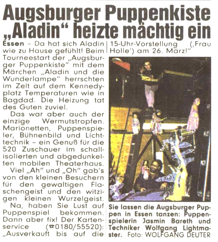 1st German Tour Augsburger Puppenkiste 1998/99 - Bild Zeitung "First night" March 1998