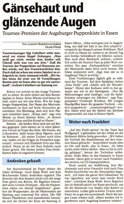 1st German Tour Augsburger Puppenkiste 1998/99 - Augsburger Allgemeine Zeitung "First night" March 1998